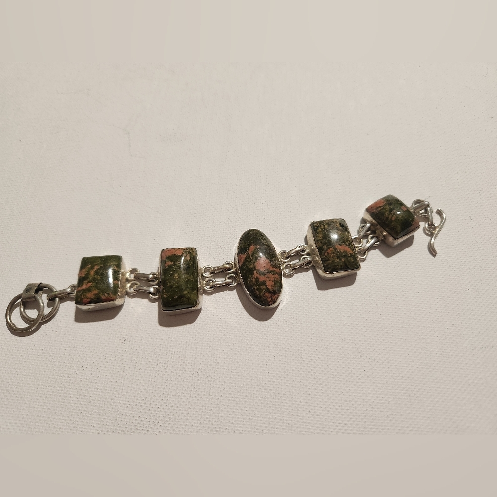 925 Sterling Silver Unakite Gemstone Link Bracelet